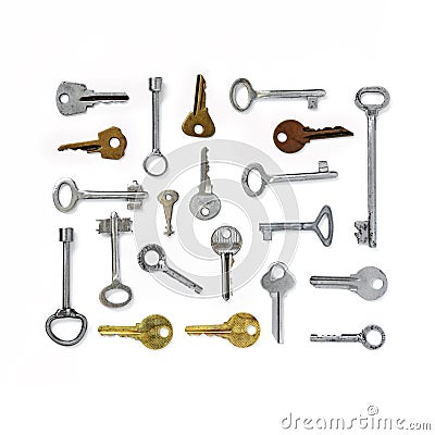 The figure is a rectangle of old keys on white isolated background. Old keys Stock Photo