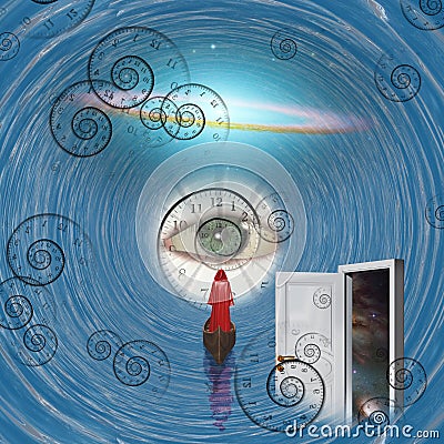 Figure in red robe on boat in time tunnel Stock Photo