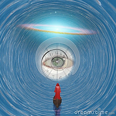 Figure in red robe in time tunnel Stock Photo