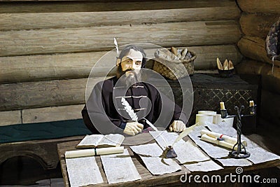 The figure of the scribe in the Command Hut (Taltsy Museum) Editorial Stock Photo