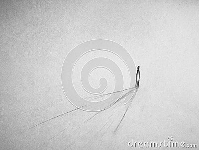 Figure standing alone in the distance. Light casting linear textures of shadow behind the figure. Stock Photo