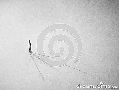 Figure standing alone in the distance. Light casting linear textures of shadow behind the figure. Stock Photo