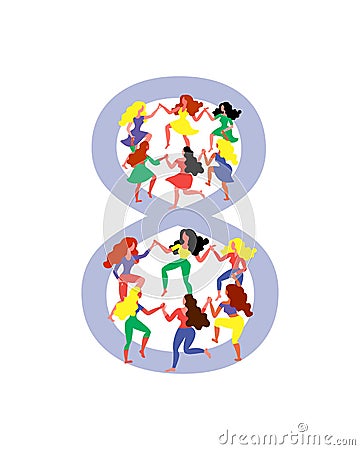 Figure 8 surrounded by dancing women. Women dance in figure 8. Vector illustration for Women`s Day Cartoon Illustration