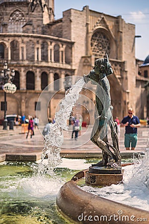Figure from Turia Fountain on Plaza de la Virgen, Valencia, Spain Editorial Stock Photo