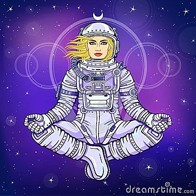 Figure of a woman astronaut sitting in a Buddha pose. Meditation in space. Vector Illustration