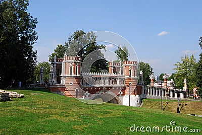 The Figured Bridge in Tsaritsyno Park dating back to 1776 in Moscow Editorial Stock Photo