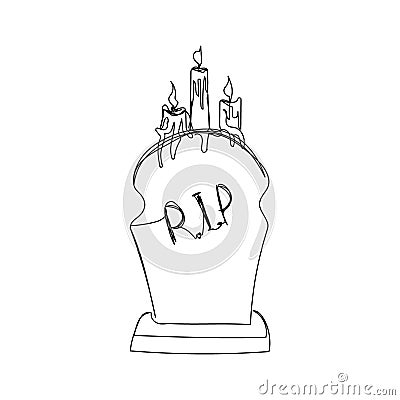 Figured headstone with an inscription R.I.P and burning candles one line art. Continuous line drawing of grave, cemetery Vector Illustration
