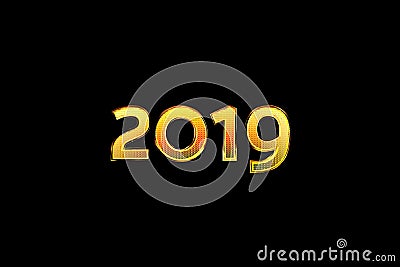 Figures 2019 on a black background. Golden number with reflection. 3D rendering Stock Photo