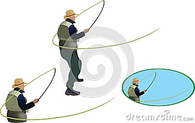 Figures of fishermen in various fishing positions Vector Illustration