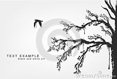 Figures of flying birds, trees in grunge style Vector Illustration