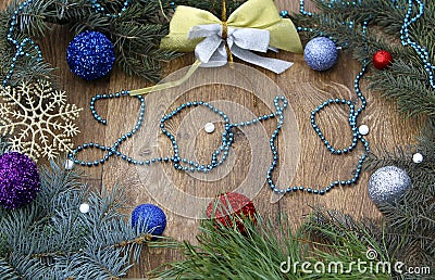 Figures 2019 made of blue beads, Christmas decorations with a tree, christmas balls and bow on a dark background Stock Photo