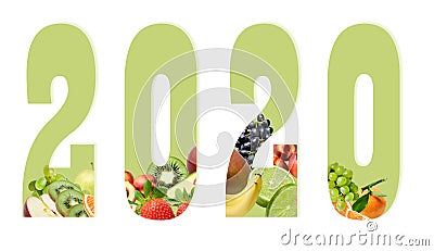 Figures of the new year 2020 on a white background decorated with fruit composition below. Design element for print or web Stock Photo