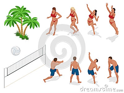 Figures of people when playing volleyball. Beach volley ball concept. Vector isometric illustration Vector Illustration