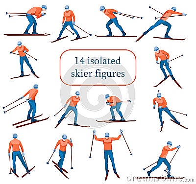 Figures of standing and skating skiers Vector Illustration