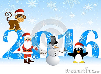 Figures the year 2016, monkey and friends Vector Illustration