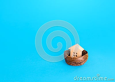 Figurine of a house in a birds nest. Home security concept, real estate insurance. Mortgage credit lending. Affordable housing Stock Photo