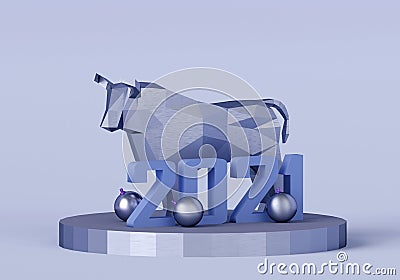 figurine of a low poly Blue Metallic Bull on a stand with the number 2021, a symbol of the new year Stock Photo