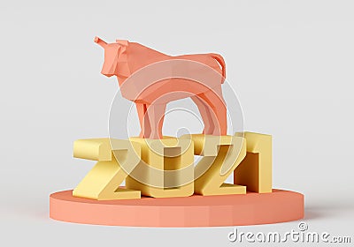 Figurine of a low poly bull on a stand with yellow number 2021, a symbol of the new year Stock Photo