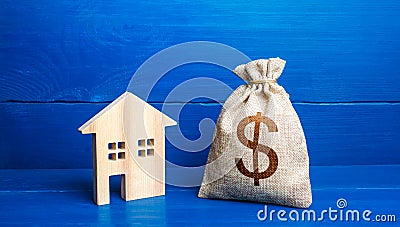 Figurine silhouette house and dollar money bag. Buying and selling real estate. Maintenance, property improvement. Taxes. Mortgage Stock Photo