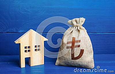 Figurine silhouette house and turkish lira money bag. Maintenance, property improvement. Mortgage loan. Sale of housing. Proposal Stock Photo