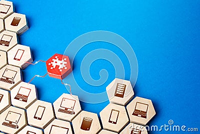 A figurine with a virus infects an array of communication devices. The threat of malware infection of computers, mobile and smart Stock Photo