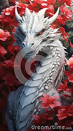 A figurine of a White Dragon against a background of red flowers. Symbol of Chinese New Year. Symbol of good luck Stock Photo