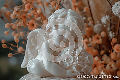 figurine of a white marble angel, gift angel with a flower, statuette of an angel for a birthday, generative ai Stock Photo