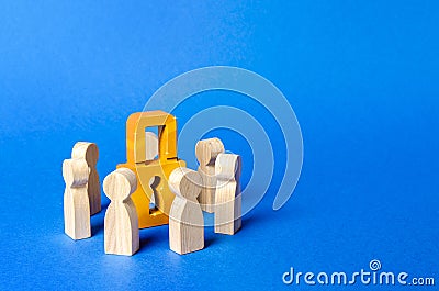 Figurines of people surround a golden padlock. Privacy and security, confidentiality. NDA agreement. Bank secrecy. Protection Stock Photo