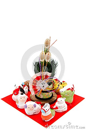 Figurines of the zodiac and New Year's pine. Stock Photo