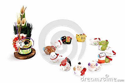 Figurines of the zodiac and New Year's pine. Stock Photo