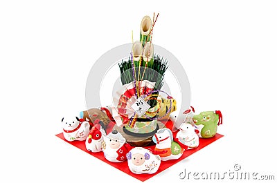 Figurines of the zodiac and New Year's pine. Stock Photo