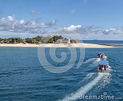 Fiji island best beach photo. Island with forest and cottage, natural panorama with boats with blue roofs. Editorial Stock Photo