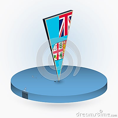 Fiji map in round isometric style with triangular 3D flag of Fiji Vector Illustration
