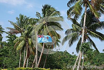 Fijian flag with palm trees at Beqa Island, Fiji Stock Photo