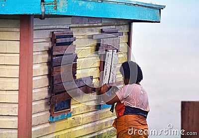 Fijian woman boarding up her house during a Tropical Cyclone Editorial Stock Photo