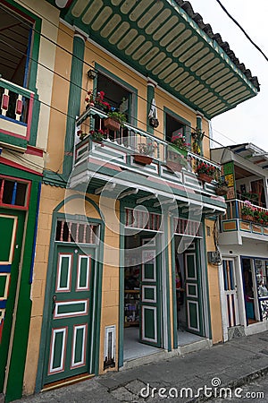 Typical brightly coloured building in Filandia, Colombia Editorial Stock Photo