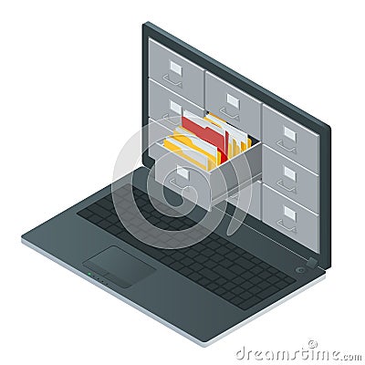 File cabinets inside the screen of laptop computer. Laptop and file cabinet. Data storage 3d isometric illustration Vector Illustration