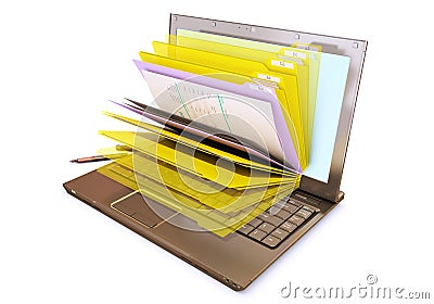 File in database - laptop with folders Stock Photo