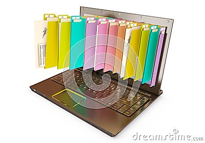 File in database - laptop with folders Stock Photo