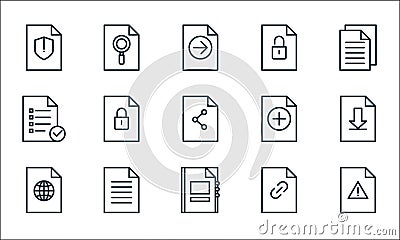 file and document outline line icons. linear set. quality vector line set such as error, contacts, online, link, document, list, Vector Illustration