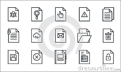 File and document outline line icons. linear set. quality vector line set such as lock, contacts, save, invoice, delete, Vector Illustration
