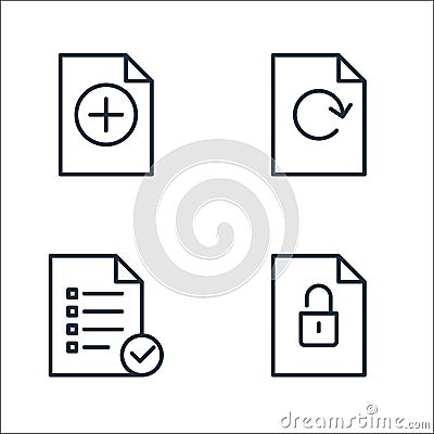 file and document outline line icons. linear set. quality vector line set such as unlock, list, update Vector Illustration