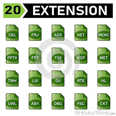 file extension icon include cel, prj, adx, net, menc, pptx, ppt, t08, egp, met, twh, lix, dii, rte, hl, uwl, aby, dm2, fsc, ckt Vector Illustration