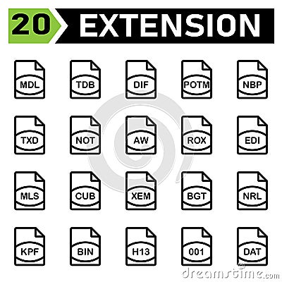file extension icon include mdl, tdb, dif, potm, nbp, txd, not, aw, rox, edi, mls, cub, xem, bgt, nrl, kpf, bin, h13, 001, dat, Vector Illustration