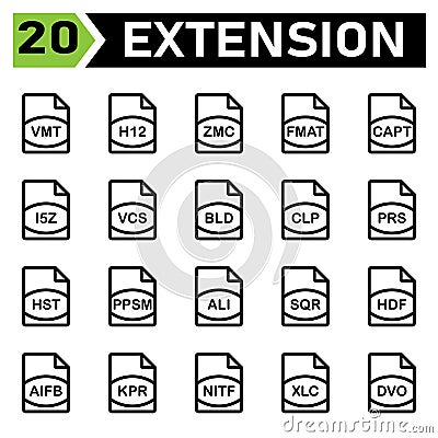 File Extension icon include vmt, h12, zmc, fmat, capt, i5z, vcs, bld, clp, prs, hst, ppsm, ali, sqr, hdf, aifb, kpr, nitf, xlc, Vector Illustration