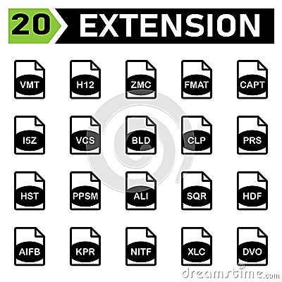 File Extension icon include vmt, h12, zmc, fmat, capt, i5z, vcs, bld, clp, prs, hst, ppsm, ali, sqr, hdf, aifb, kpr, nitf, xlc, Vector Illustration