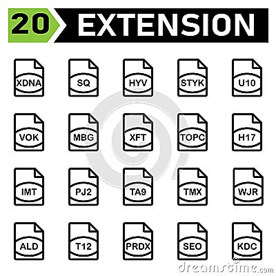 file extension icon include xdna, sq, hyv, styk, u10, vok, mbg, xft, topc, h17, imt, pj2,ta9, tmx, wjr, ald, t12, prdx, seo, kdc Vector Illustration