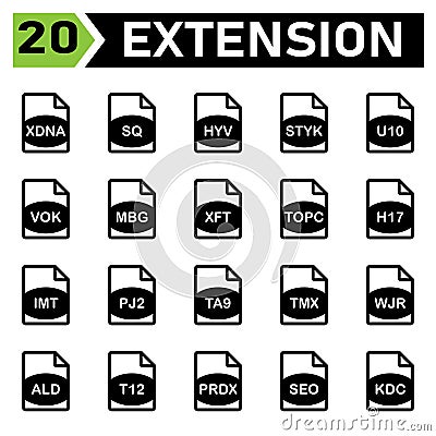 file extension icon include xdna, sq, hyv, styk, u10, vok, mbg, xft, topc, h17, imt, pj2,ta9, tmx, wjr, ald, t12, prdx, seo, kdc Vector Illustration