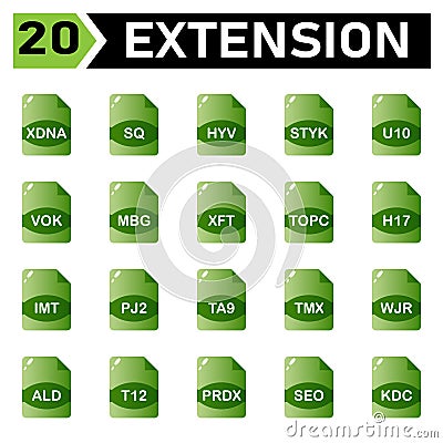 file extension icon include xdna, sq, hyv, styk, u10, vok, mbg, xft, topc, h17, imt, pj2,ta9, tmx, wjr, ald, t12, prdx, seo, kdc Vector Illustration