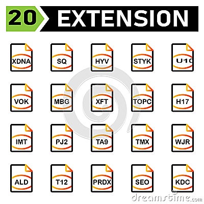 file extension icon include xdna, sq, hyv, styk, u10, vok, mbg, xft, topc, h17, imt, pj2,ta9, tmx, wjr, ald, t12, prdx, seo, kdc Vector Illustration